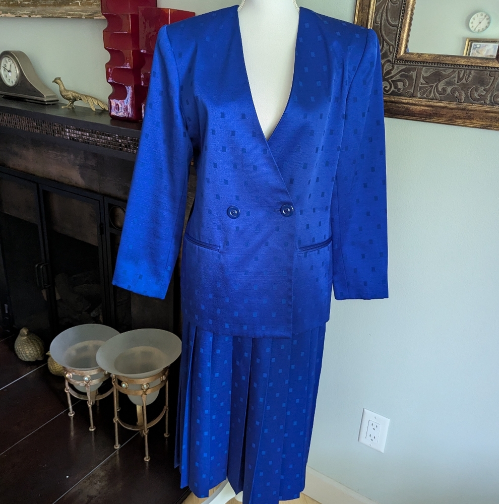 Vtg 80s Square Accent Blue Skirt Suit Set Jacket & Pleated Skirt Women's M/L